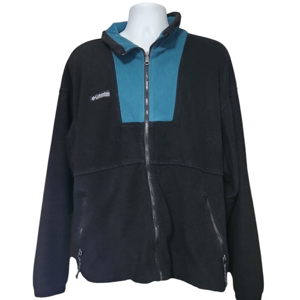 Columbia Mens Fleece Jacket Full Zip Black Teal Colorblock Large Vintage‎ Style